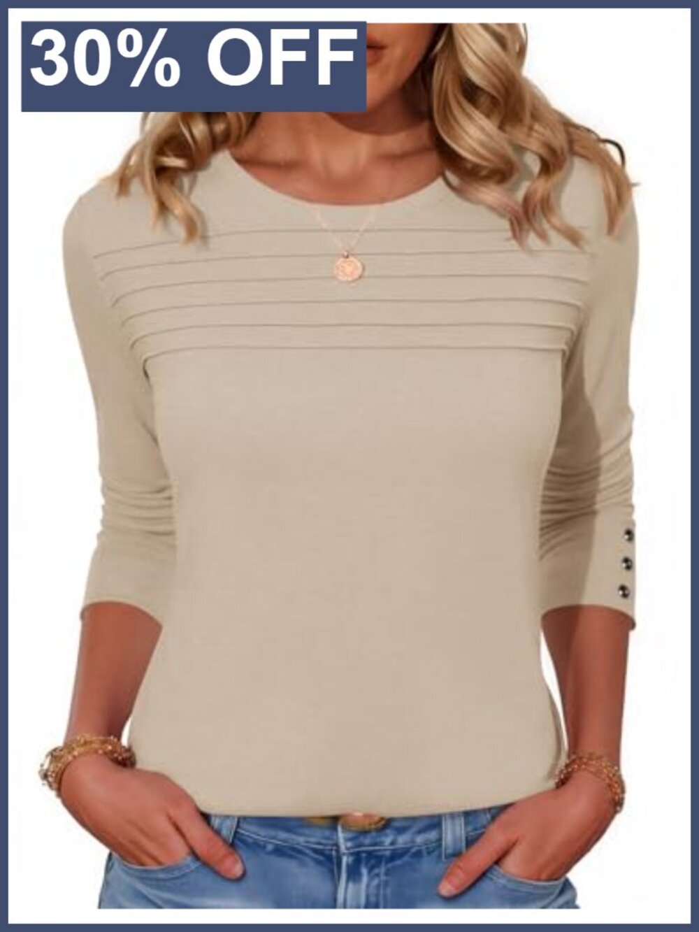 Long Sleeve Blouse Pleated Metal Button Cuff Tunic Top
